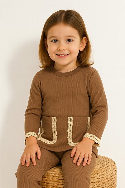 özge başaran Κοριτσίστικο καφέ σετ 2 τεμαχίων με λεπτομέρεια φιστό – Φούτερ με δαντέλα και φούτερ με τσέπες