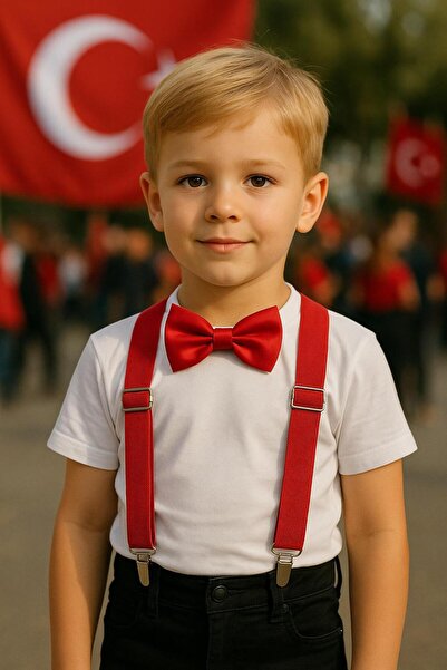 sema aksesuar Special Red Bow Tie and Trouser Suspenders for April 23Rd - Boys' Holiday - October 29Th