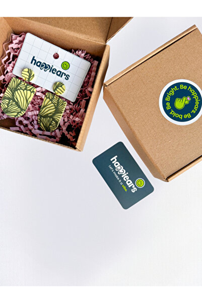 Happiears Krem Zemin Üzerine Yeşil Doğal Desenli Özel Tasarım Küpe