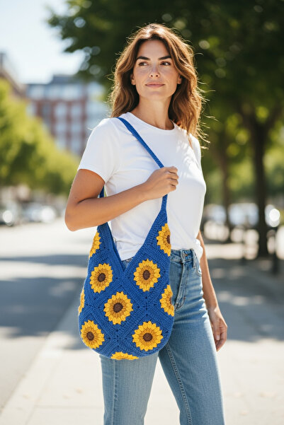 Satürn Hobi Örgü Ayçiçek Motifli İndigo Çanta