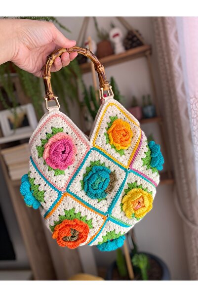 Satürn Hobi Knitted Rose Motif Ecru Bag