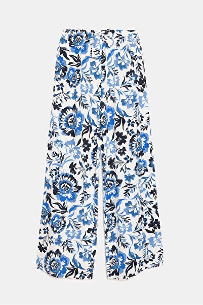 Saade Mavi Çiçekli Kadın Desenli Beli Lastikli Bağlamalı Bol Paça Dokuma Pant...