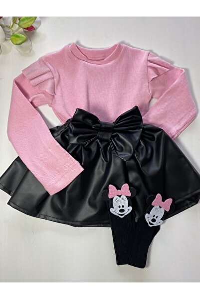 özge başaran Leather Skirt, Pink Badi and Knee Socks Set for 6-9 Months to 6 Years
