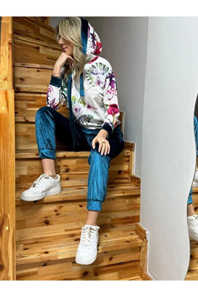 MODA Γυναικείο βελούδινο ύφασμα με μακρυμάνικη κουκούλα Λεπτομέρεια λουλούδι με στάμπα φούτερ και παντελόνι σετ δύο τεμαχίων