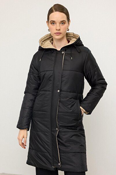 Olcay Hooded Garni Detailed Quilted Coat Black 6782