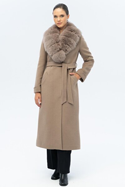 Olcay Detachable Fur Belted Long Cashmere Coat K. Kamel 3133-Tk