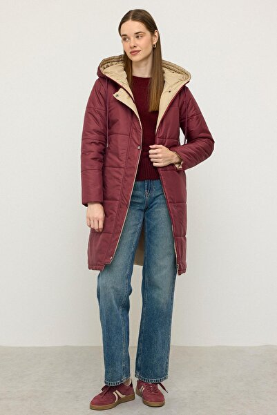 Olcay Hooded Garni Detailed Quilted Coat Bordo 6782