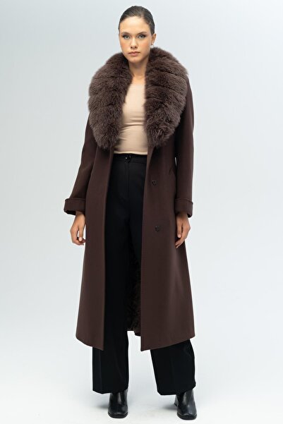 Olcay Detachable Fur Belted Long Cashmere Coat K. Brown 3133-Tk
