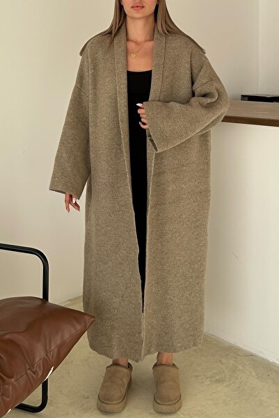 Olcay Oversize Kalın Triko Uzun Hırka VİZON 8274