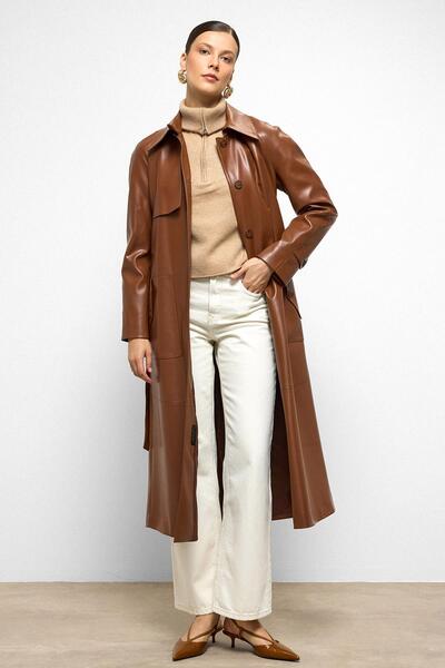 Olcay Shirt Collar Raglan Sleeve Cape and Bag Pocket Detail Leather Trench Coat Taba 6760