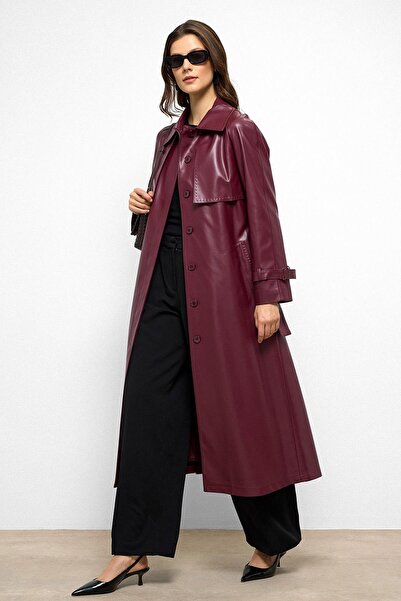 Olcay Raglan Sleeve Cape and Punto Stitch Detail Leather Trench Coat Bordo 6754