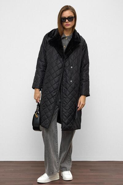 Olcay Plush Garnished Snap Closure Double Breasted Quilted Coat Black 6787