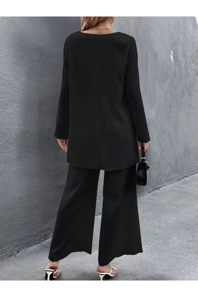 BZ Boutique Women's long sleeve asymmetrical detail loose sandy blouse and pants two-piece set