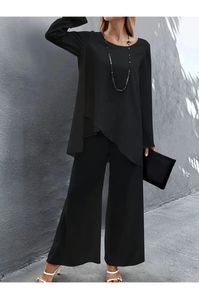 BZ Boutique Women's long sleeve asymmetrical detail loose sandy blouse and pants two-piece set