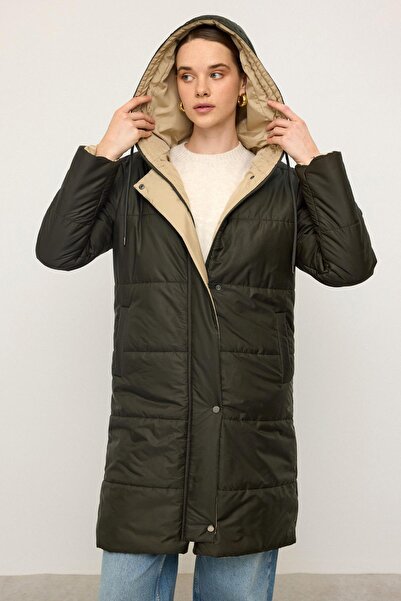 Olcay Hooded Garni Detailed Quilted Coat Khaki 6782