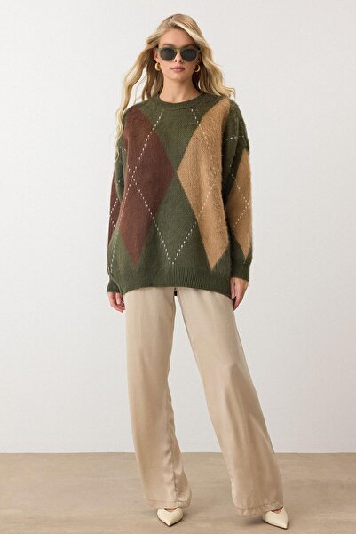 Olcay Baklava Pattern Oversize Knitwear Sweater Khaki 8272