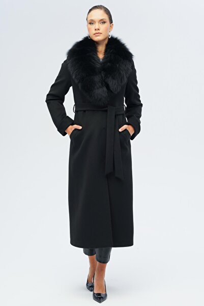 Olcay Detachable Fur Belted Long Cashmere Coat Black 3133-Tk