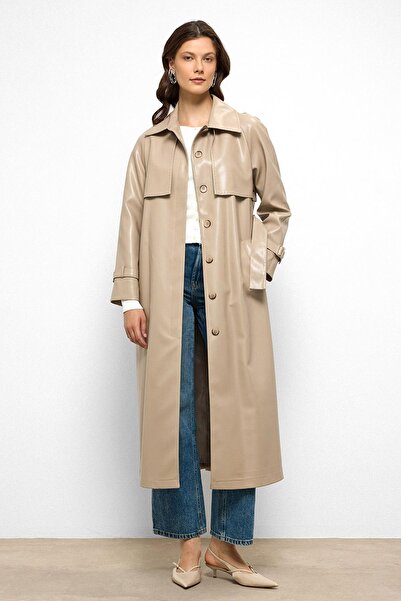 Olcay Raglan Sleeve Cape and Punto Stitching Detailed Leather Trench Coat Stone 6754