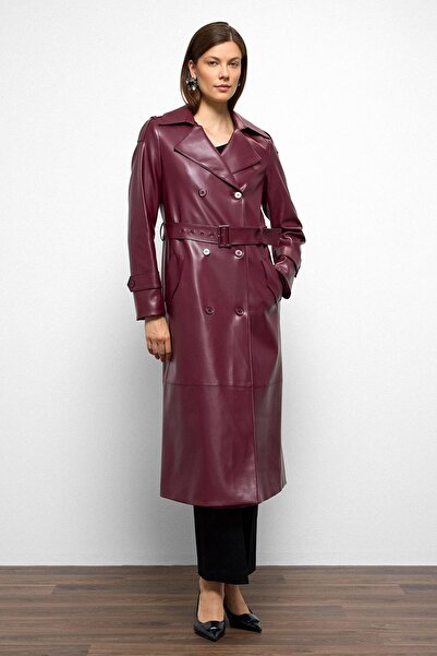 Olcay Epaulet Detailed Double Breasted Leather Trench Coat Bordo 6756