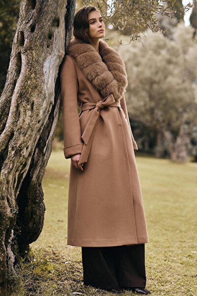 Olcay Long Cashmere Coat with Detachable Fur Belt Kamel 3133-Tk