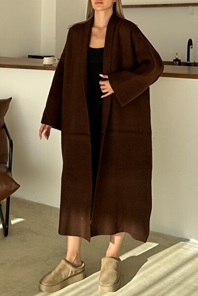 Olcay Oversize Thick Knitwear Long Cardigan Brown 8274