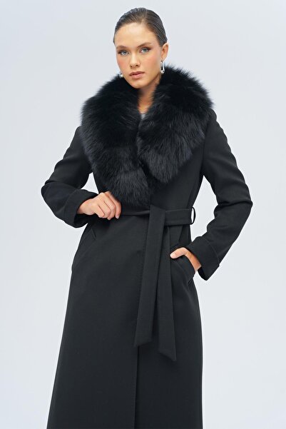 Olcay Detachable Fur Belted Long Cashmere Coat Black 3133-Tk