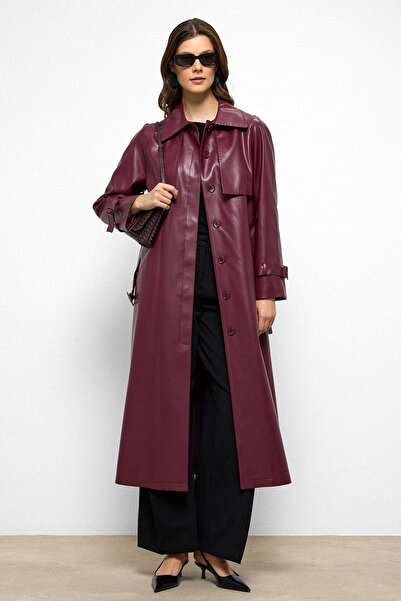 Olcay Raglan Sleeve Cape and Punto Stitch Detail Leather Trench Coat Bordo 6754