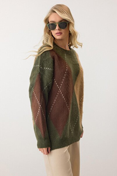 Olcay Baklava Pattern Oversize Knitwear Sweater Khaki 8272