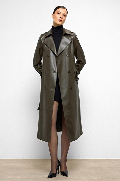 Olcay Epaulet Detailed Double Breasted Leather Trench Coat Khaki 6756