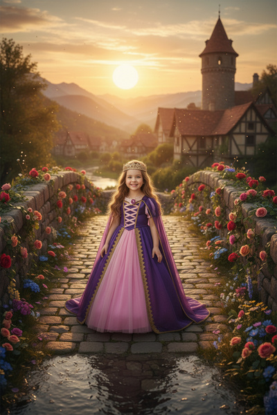 Mashotrend Rapunzel Kostüm - Taçlı Rapunzel Kostümü - Pelerinli Taclı Rapunzel Kostümü - Tarlatanlı Rapunzel