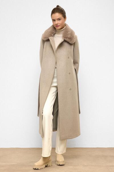 Olcay Premium Long Coat with Detachable Fur Collar and Punto Stitch Detail Stone 3092