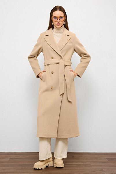 Olcay Jacket Collar Double Breasted Medium Coat Beige 3094