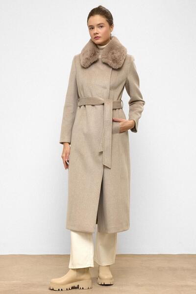 Olcay Premium Long Coat with Detachable Fur Collar and Punto Stitch Detail Stone 3092