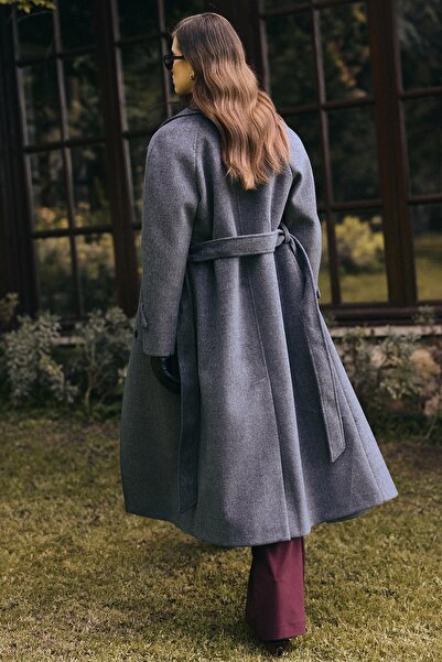 Olcay Reglan Sleeve Snap Closure Medium Length Coat Dark Gray 3145