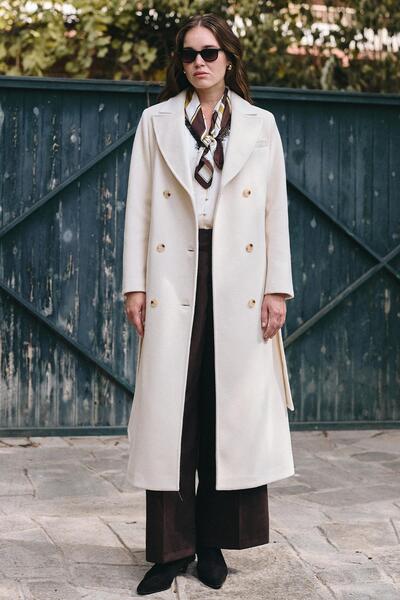 Olcay Jacket Collar Double Breasted Medium Coat Ecru 3094