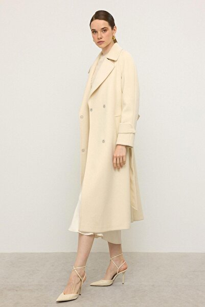 Olcay Reglan Sleeve Snap Closure Medium Length Coat Ecru 3145