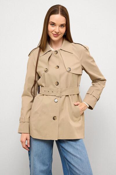 Olcay Kurzer Trenchcoat mit Kapuze und Schulterklappen, wasserabweisend, BEIGE 6765