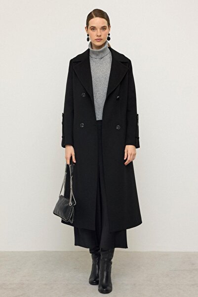 Olcay Knitted Stitch Detailed Self-Patterned Limited Edition Coat Black 3134