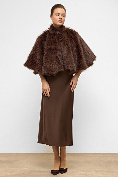 Olcay Short Faux Fur Poncho Brown 1013