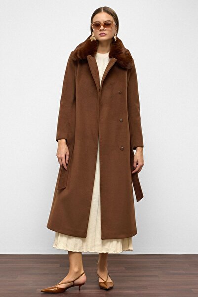 Olcay Premium Long Coat with Detachable Fur Collar and Punto Stitch Detail Tütün 3092