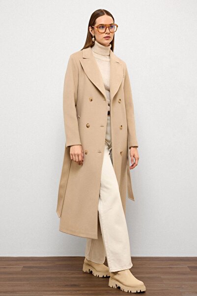 Olcay Jacket Collar Double Breasted Medium Coat Beige 3094