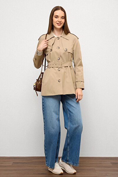 Olcay Water Repellent Short Trench Coat with Cape and Epaulet Detail Beige 6765