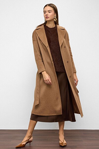 Olcay Epaulet Detailed Snap Closure Oversize Moher Coat Kamel 3147