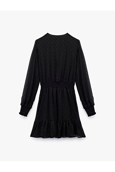 Koton Uzun Kollu Kruvaze Yaka Dokulu Katlı Gipeli Şifon Mini Elbise