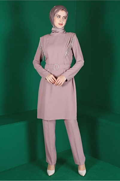 Alvina TAŞLI PÜSKÜL DETAYLI KUŞAKLI İKİLİ PANT. TAKIM 30288