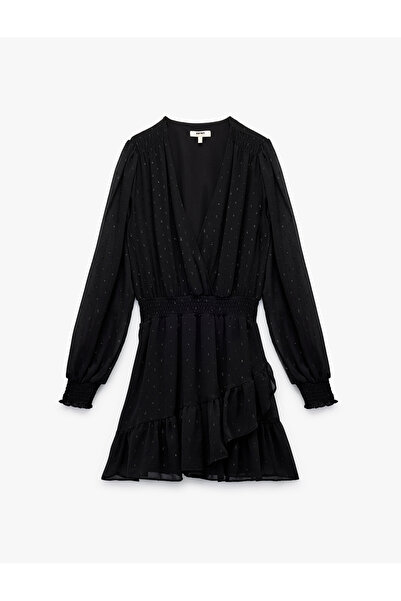 Koton Uzun Kollu Kruvaze Yaka Dokulu Katlı Gipeli Şifon Mini Elbise