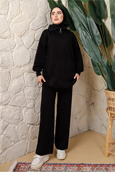 TRENDTESETTÜR KADIN SİYAH FERMUAR YAKA PANTOLONLU TRİKO TAKIM T 4208