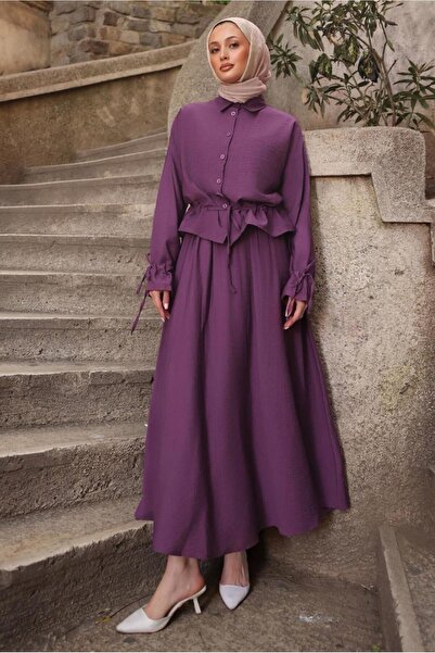 TRENDTESETTÜR KADIN MOR BAĞCIK DETAYLI ETEKLİ TAKIM T 3294