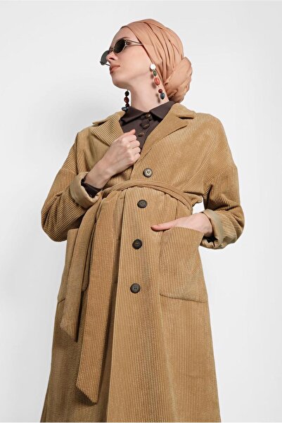 TRENDTESETTÜR Kadın Kahve (CAMEL) Düğmeli Kuşaklı Kadife Trençkot 10139