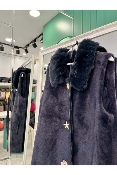 MERAM BUTİK Vatkatex Fur Angora Vest - Navy Blue - 2
